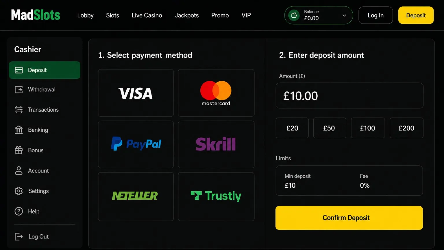 How to make a deposit MadSlots